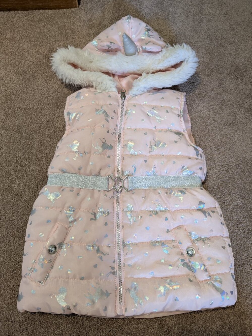 Unicorn vest pink silver sparkly with ears and horn on hood size 6x